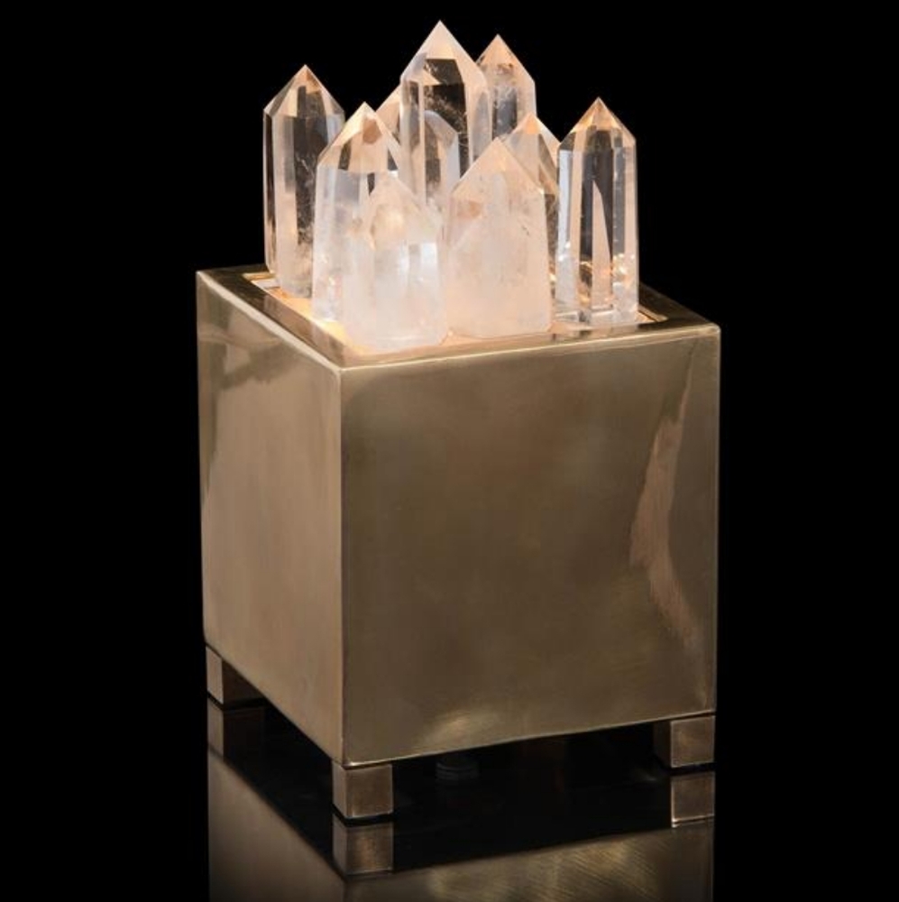 Real Clear Quartz Crystals and Brass Box With Light/Table Lamp